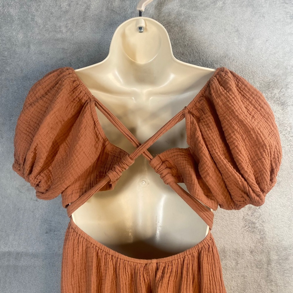 Princess Polly Mini Dress Size 6 Milkmaid Puff Sleeve Gauze Cottage Earthy Boho - Picture 9 of 9